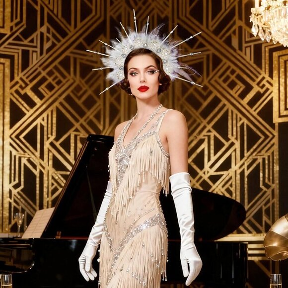 White Feather Headpiece 1920s Carnival Festival Flapper Costume Accessory White Feather Headpiece 1920s Carnival Festival Flapper  main image 2